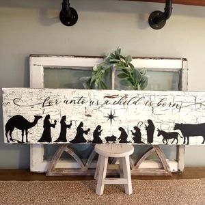 Handcrafted Nativity Scene Sign, Crackle Weathered Sign